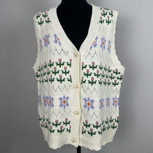 Cottagecore Knit Sweater Vest Womens Plus Size 2X Pointelle Button Front Stretch